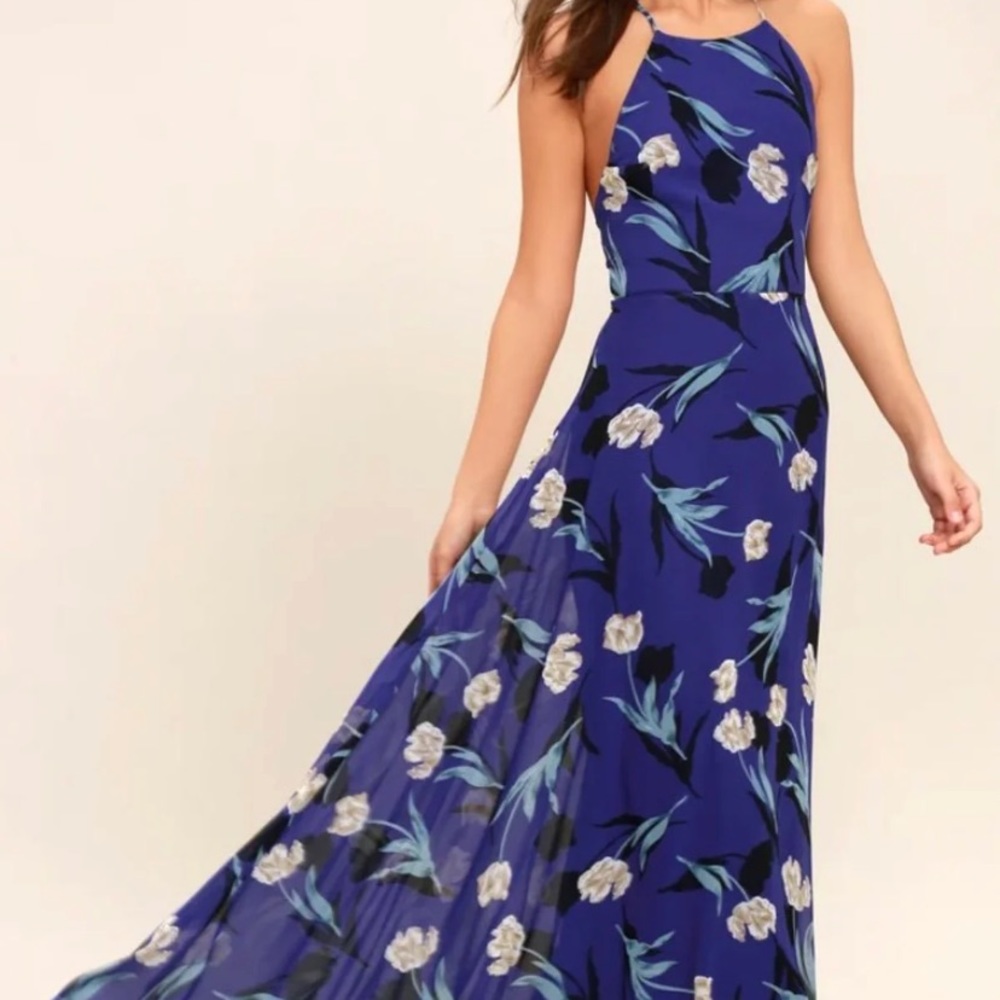 Lulus Royal Blue Floral Print Lace Up Maxi Dress
